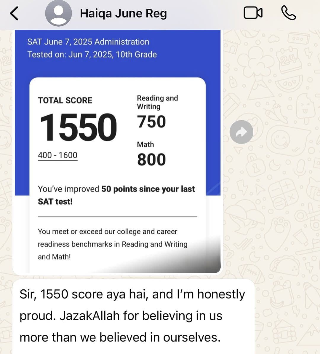 Haiqa's SAT score report