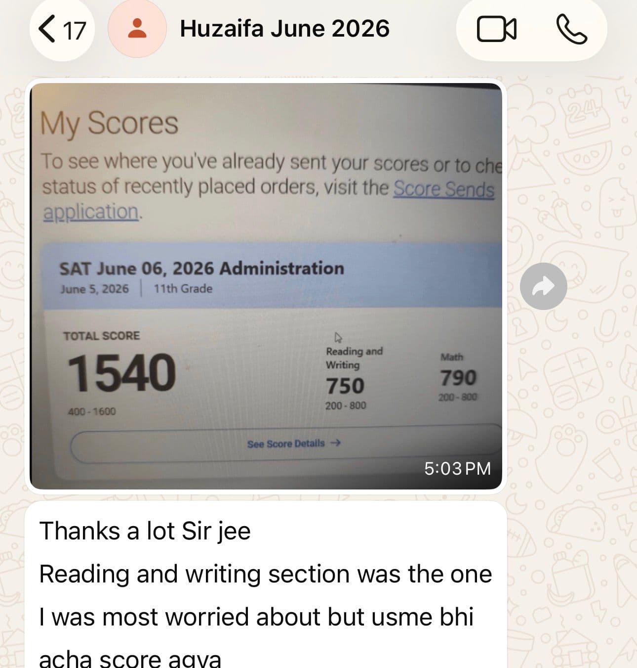 Huzaifa's SAT score report