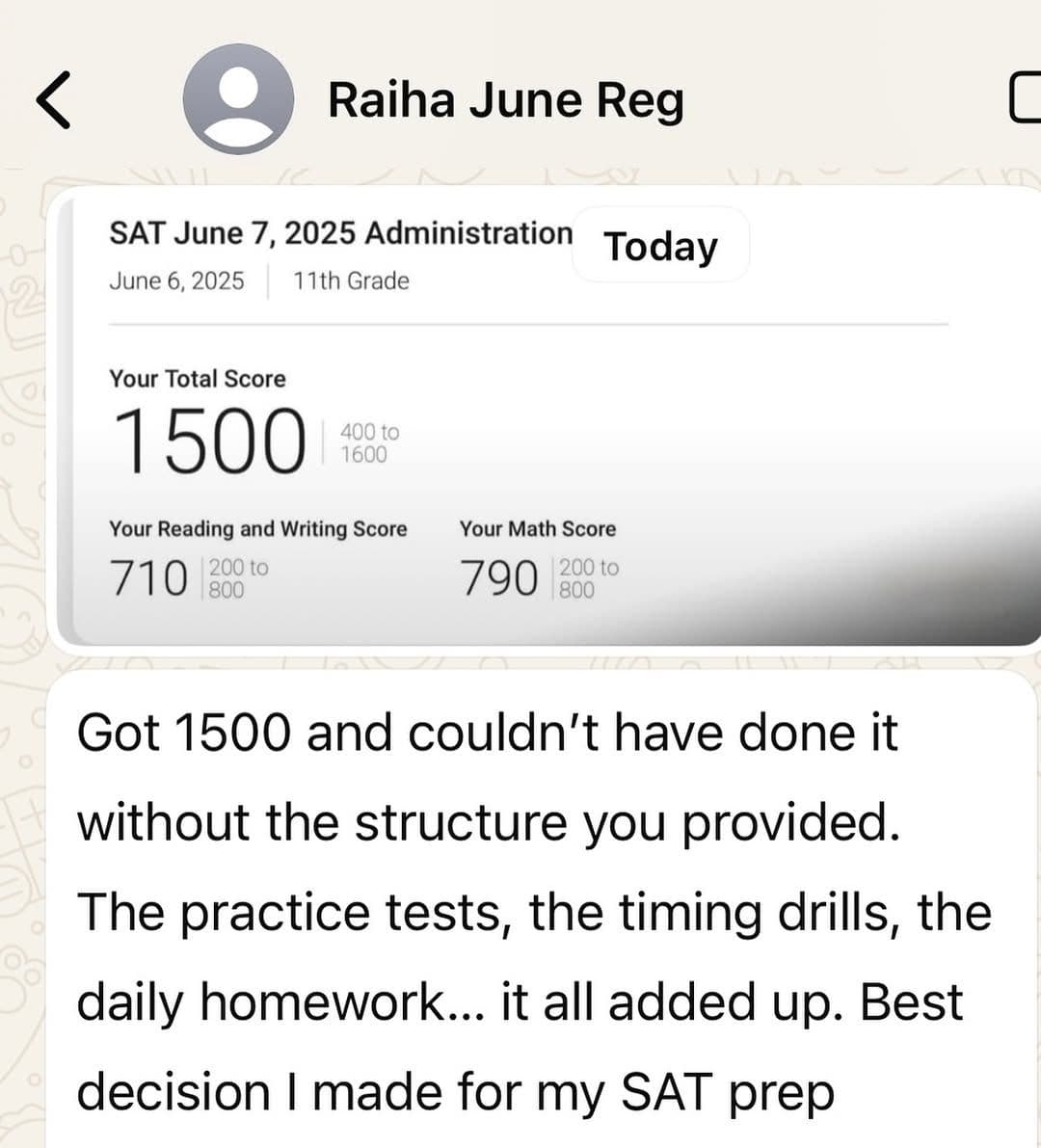 Raiha's SAT score report