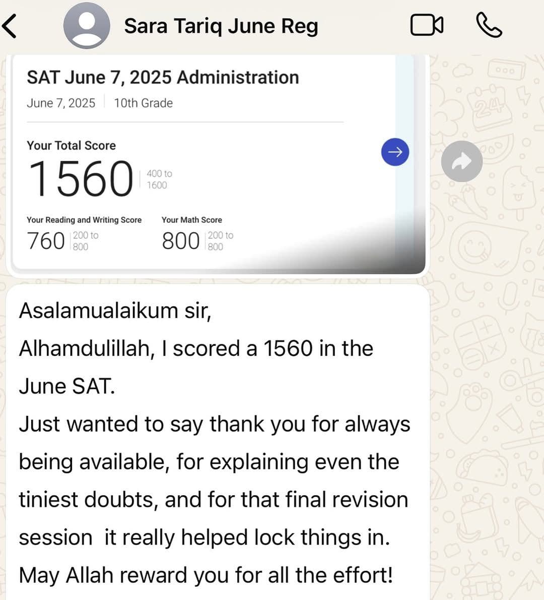 Sara Tariq's SAT score report